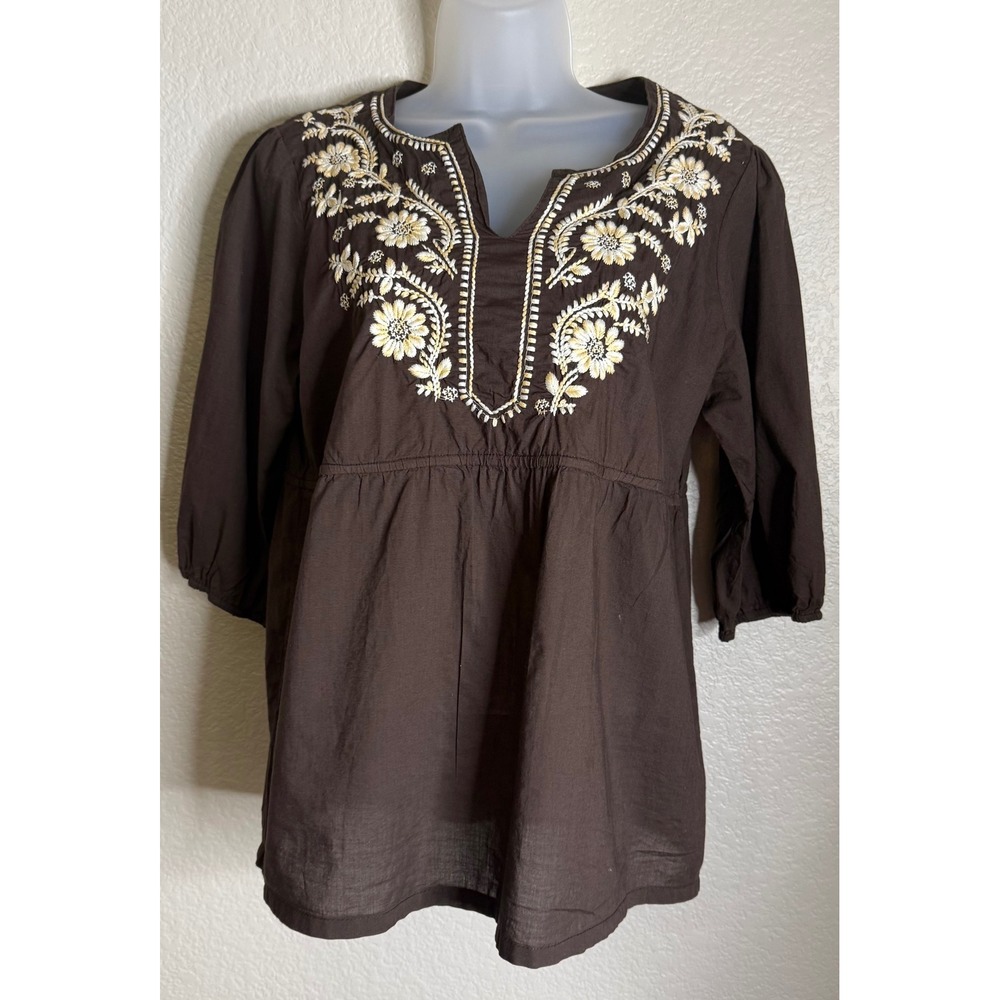 Life Style Large Tunic Top Brown Embroidered Floral Empire Waist 3/4 Sleeve Boho